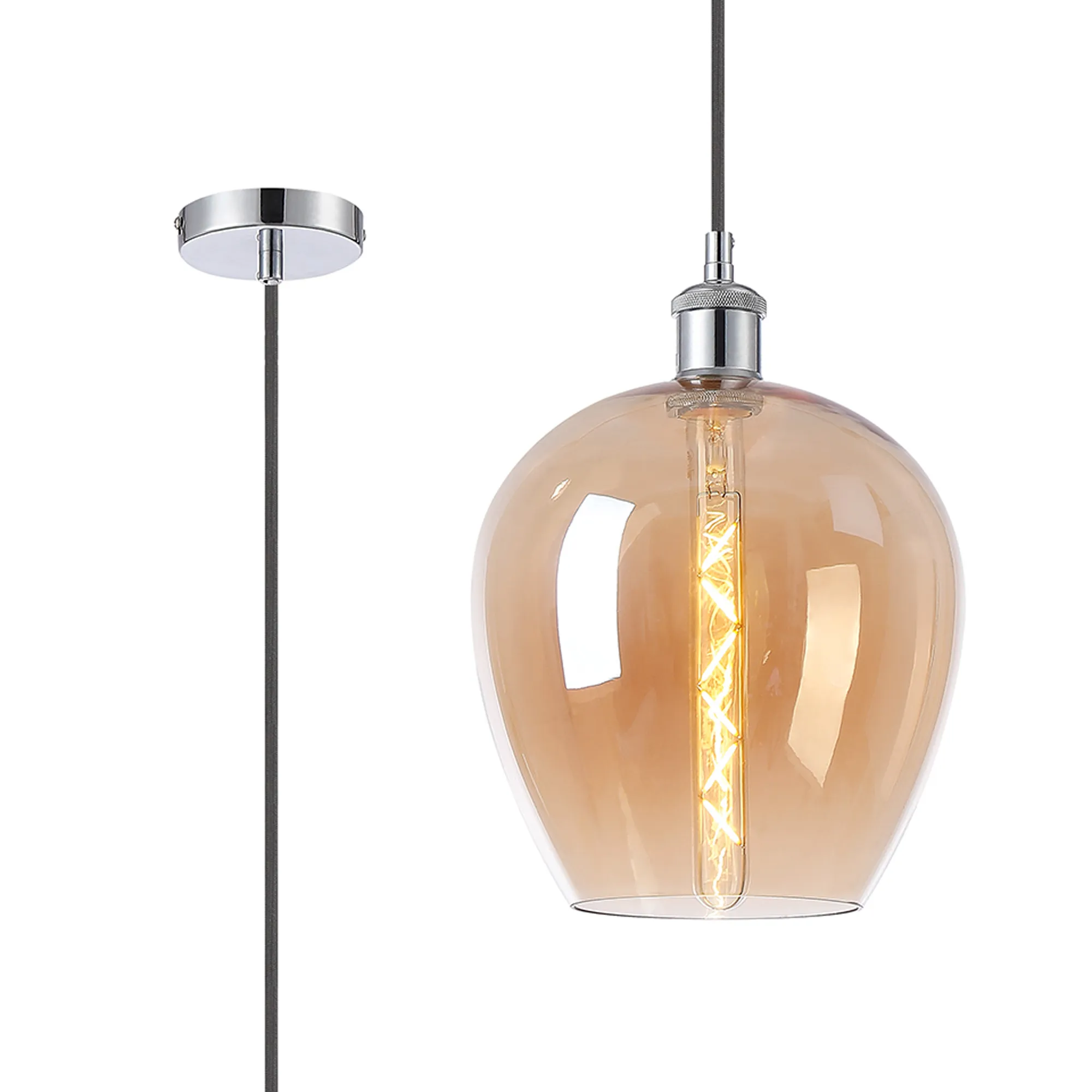 DK1106  Cawdor Single Pendant, 1 Light E27, Polished Chrome/Black/Amber Wine Glass